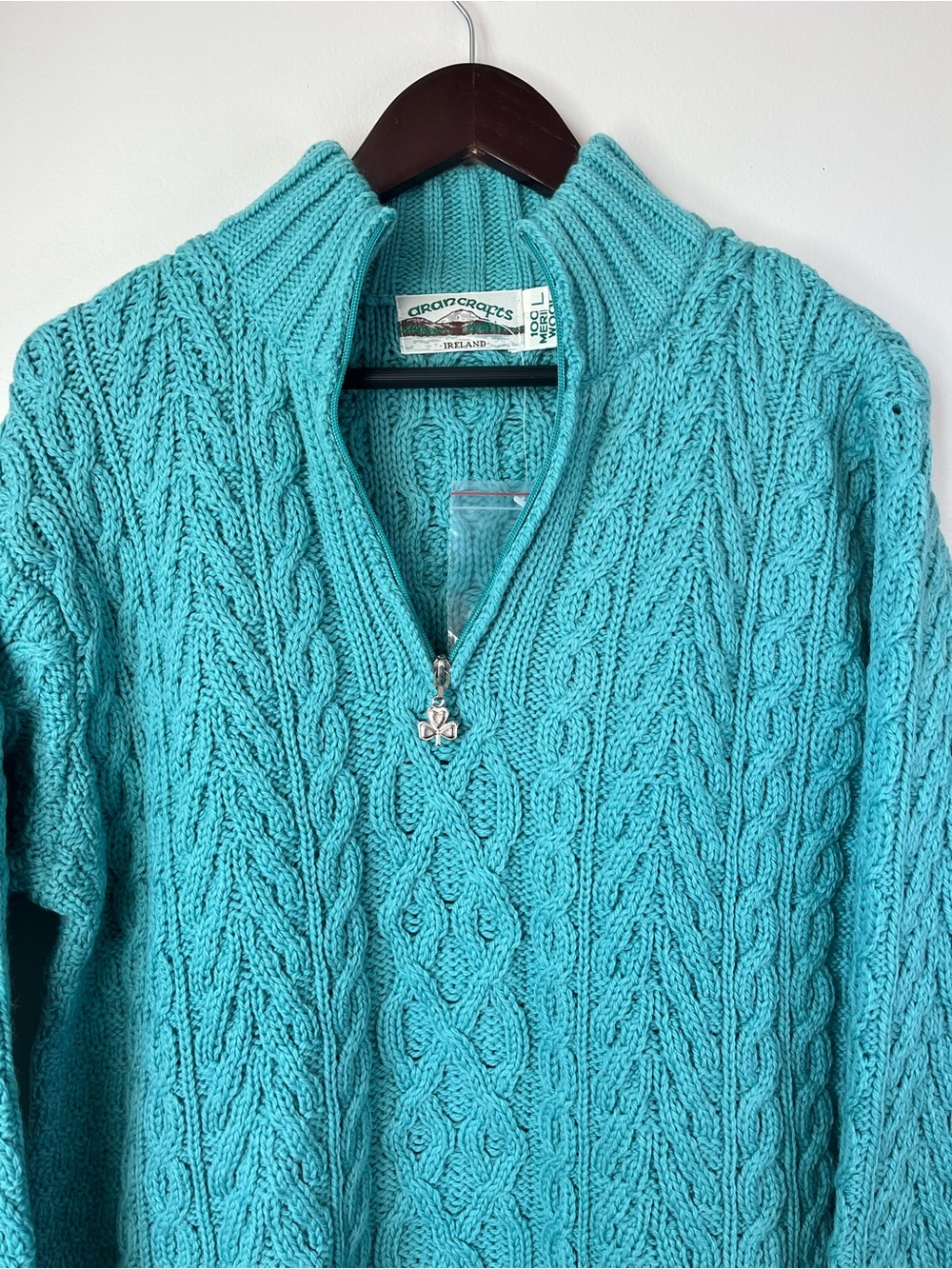 NWOT Aran Crafts Womans L Turquoise Merino Wool Cable Knit 1/4-Zip Sweater- FLAW